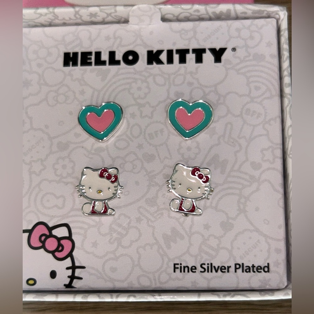 Hello Kitty Earrings Fine Silver Plated Stud heart SET OF 2 PAIR NEW in Box